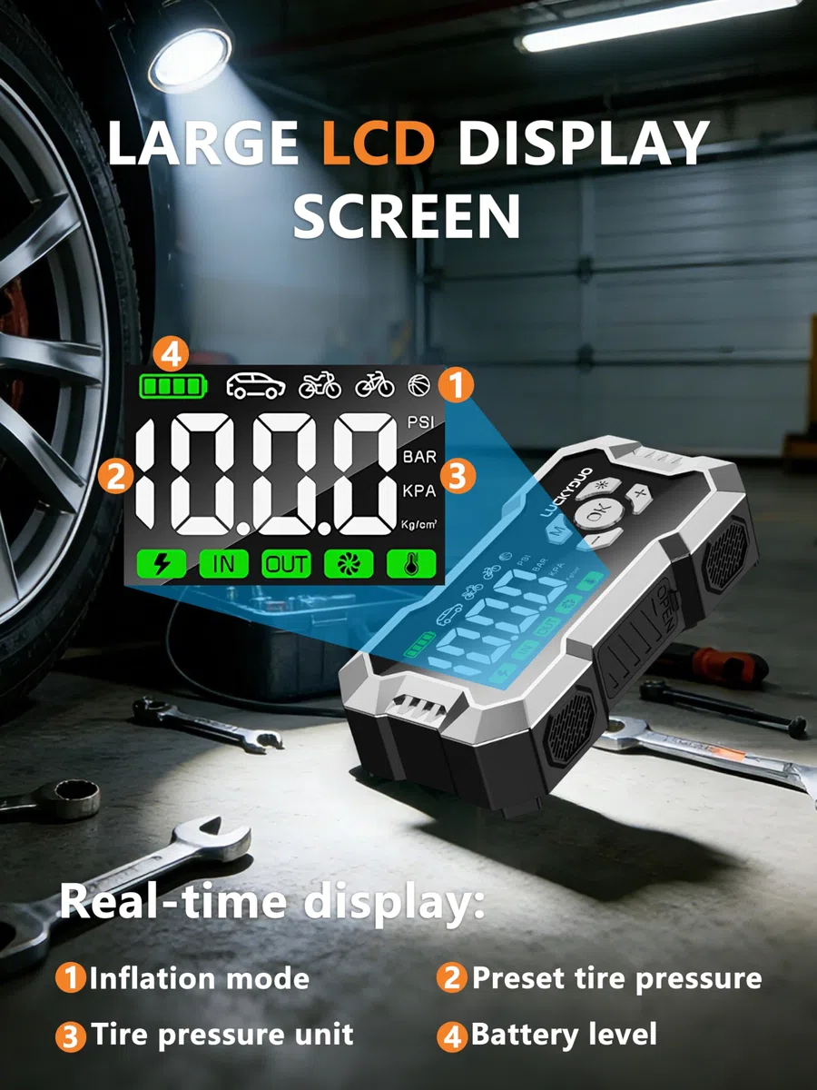 LUCKYDUO Avviatore 8000A con Compressore 160PSI, 20000mAh | Avviatore 2-in-1 con compressore 160PSI, 8000A, 4 modalità, display LCD, 20000mAh, torcia LED 4 modalità, kit completo