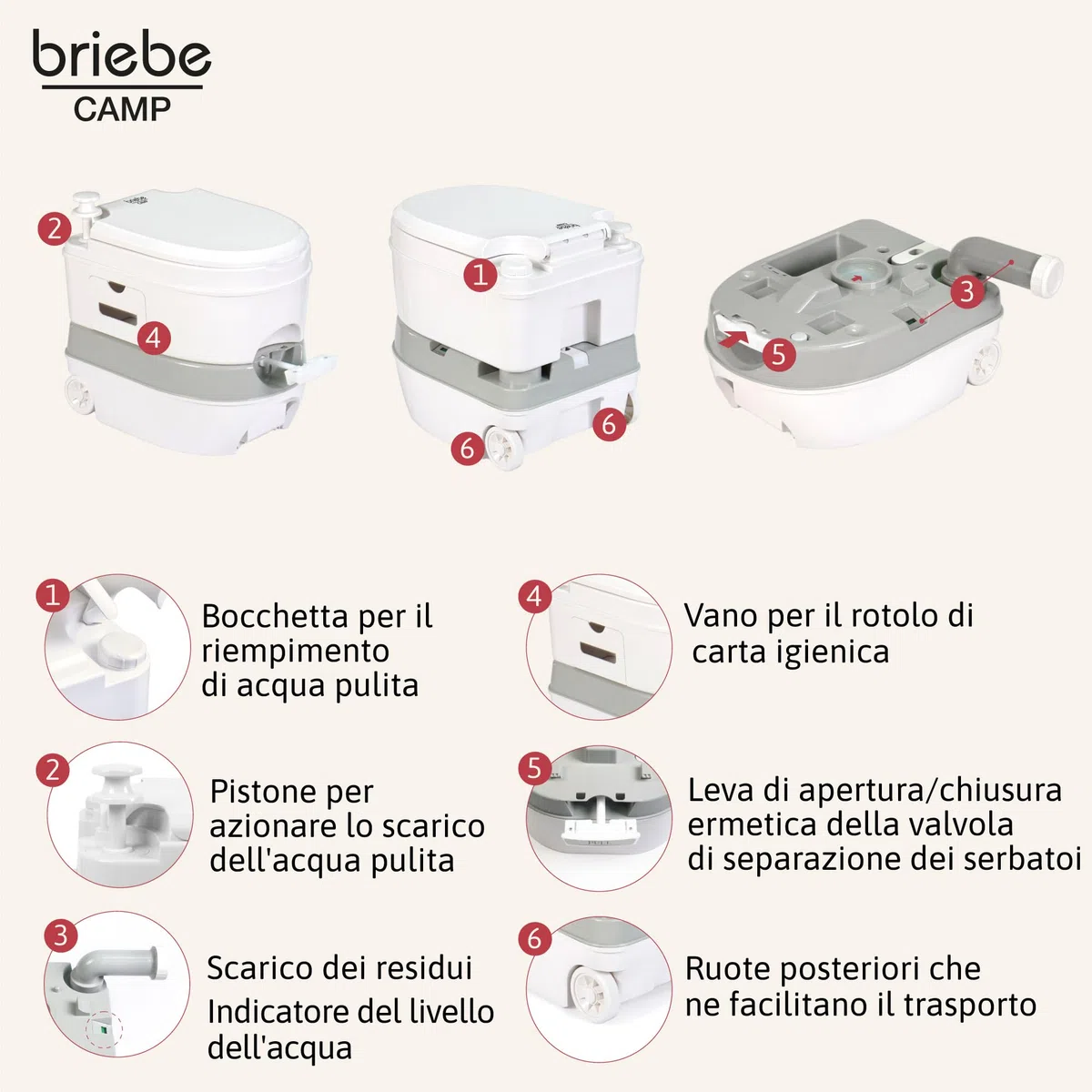 briebe Camp WC Portatile 24L Bagno Chimico, Campeggio, Camper, Roulotte, Barca e Outdoor, Serbatoio di Scarico dell'Acqua con Pompa a Pistone 20L, Potty