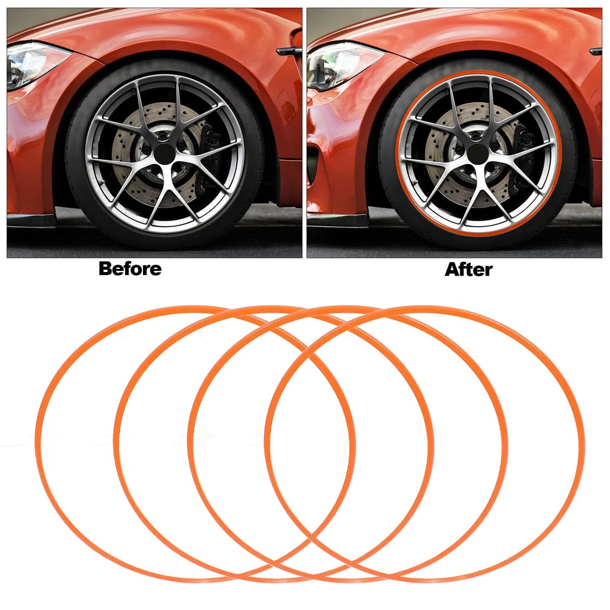 4 pezzi di protezioni per cerchi da 18 pollici, anello protettivo antigraffio in ABS autoadesivo, bordo decorativo arancione per cerchi piatti con larghezza superiore a 7 mm,