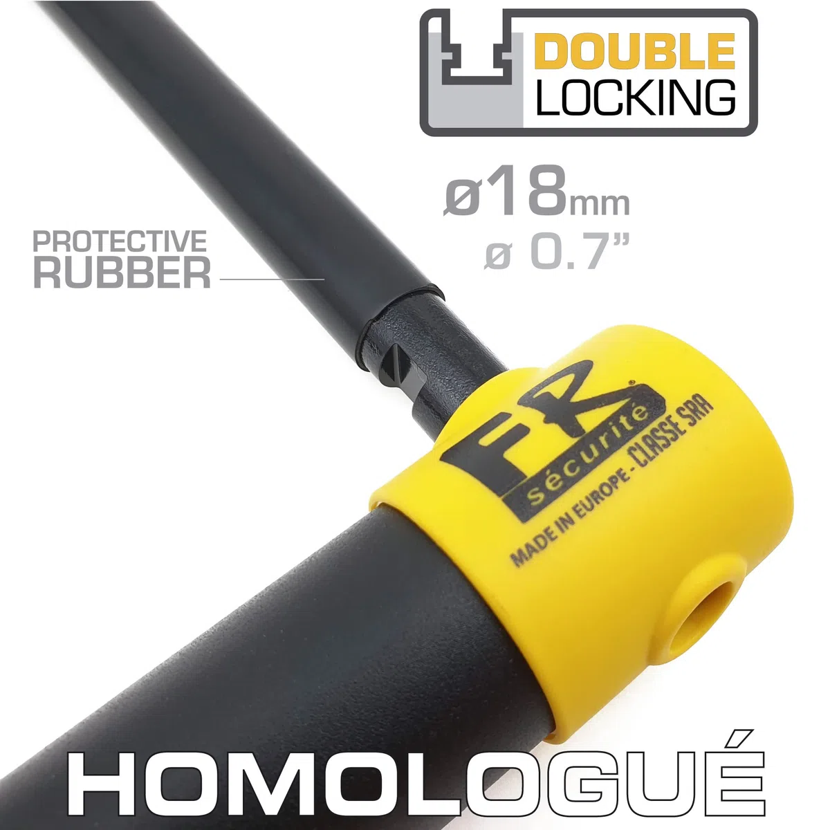 FR SECURITE FR85300 Lucchetto a U Alta Sicurezza Omologato SRA, Arco ø18 Acciaio Temperato Doppio Blocco Antigraffio, Serratura Antistrappo, U-lock Antifurto 85x300mm per Moto, Scooter, Bici