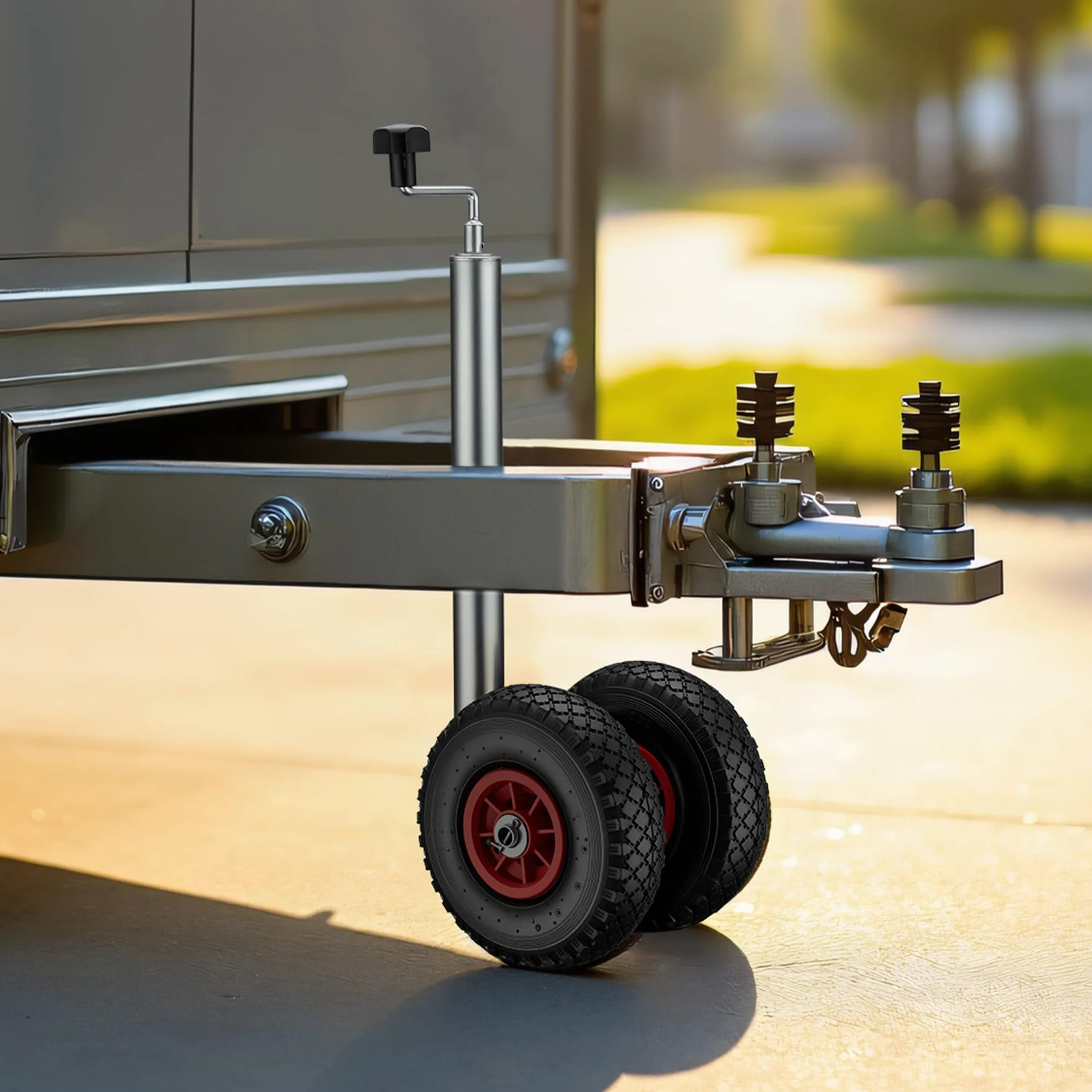 Wiltec Servotimone con ruota di appoggio doppia, portata 200 kg, supporto per rimorchio con pneumatici gonfiabili, ruotino di appoggio, altezza regolabile 66-86 cm, per rimorchi e caravan