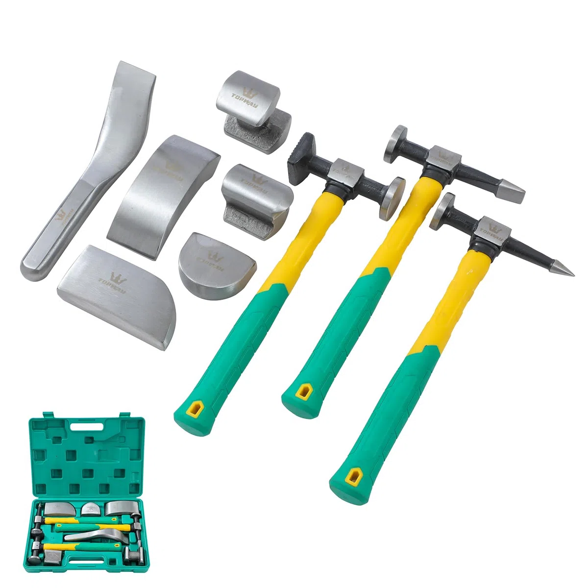 TOPWAY Set 9 pz riparazione ammaccature carrozzeria – martello manico fibra, dollies – per rimozione danni & verniciatura auto