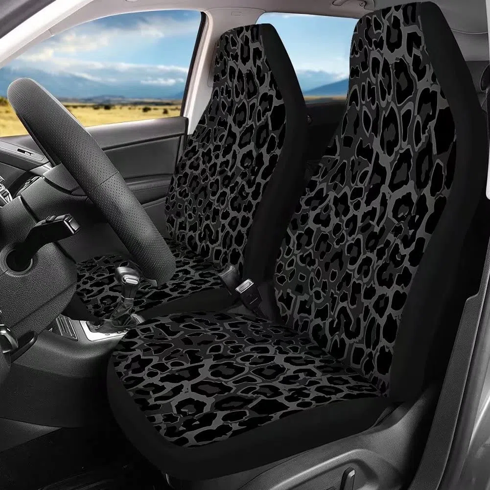 HUGS IDEA - Set completo di 4 coprisedili per auto con stampa leopardata nera classica, in poliestere elasticizzato, con schienale alto, design di ghepardo selvaggio