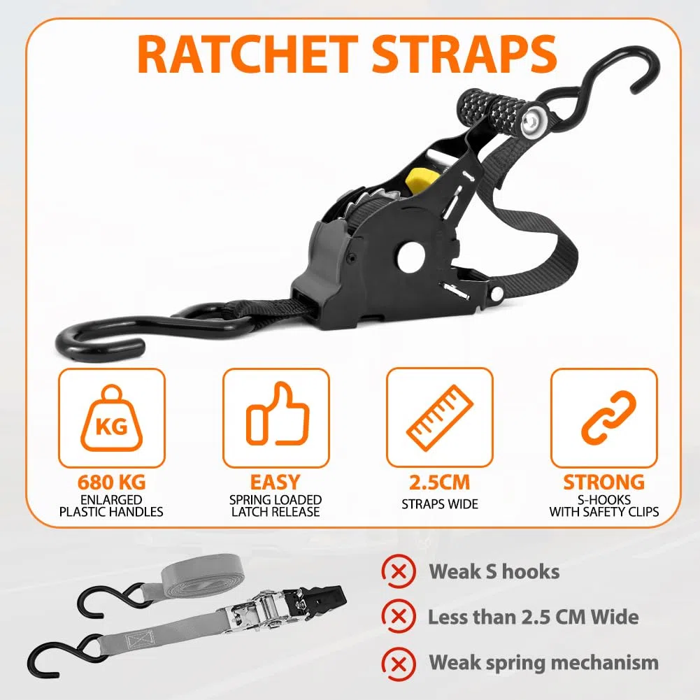 Cinghie di ancoraggio a cricchetto retrattili, 4 Pcs Cinghie di Tensione, Cinghia di tensionamento automatica 3.3m x 2.5cm, resistenza alla rottura massima di 680 kg,con gancio S, per Moto,Auto