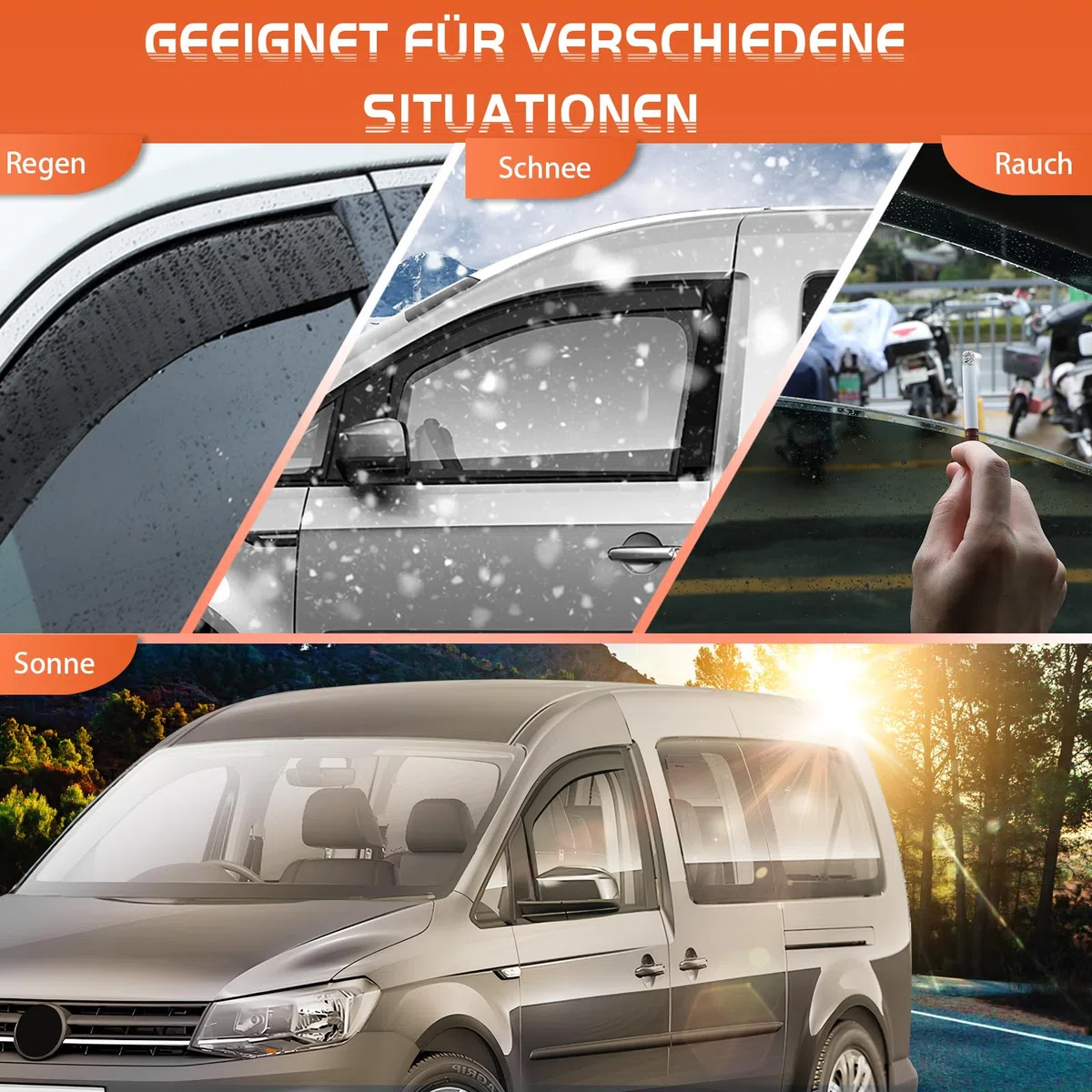 GEARMONSTER Deflettori per finestrini auto per VW Caddy 2005-2018, protezione dalla pioggia, deflettori integrati, deflettore del vento integrato, confezione da 2, nero