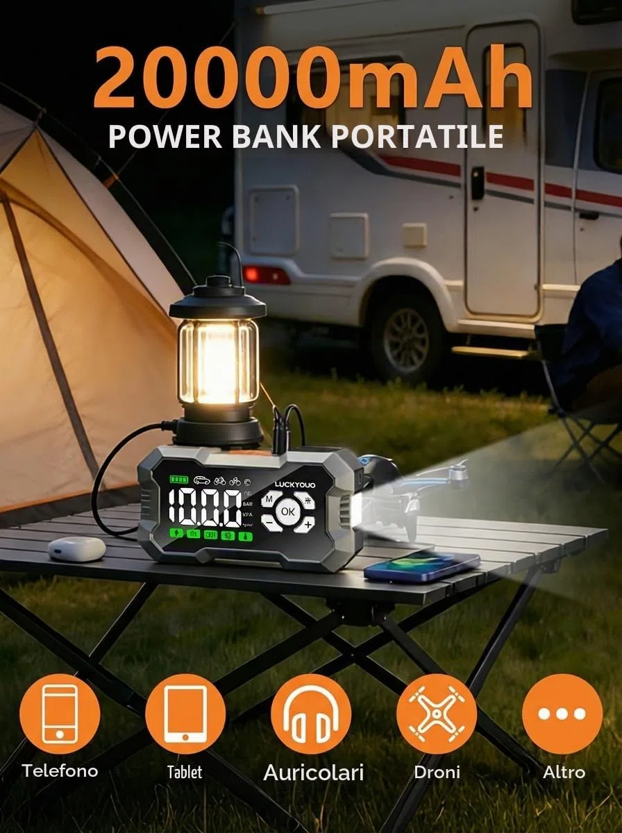LUCKYDUO Avviatore 8000A con Compressore 160PSI, 20000mAh | Avviatore 2-in-1 con compressore 160PSI, 8000A, 4 modalità, display LCD, 20000mAh, torcia LED 4 modalità, kit completo