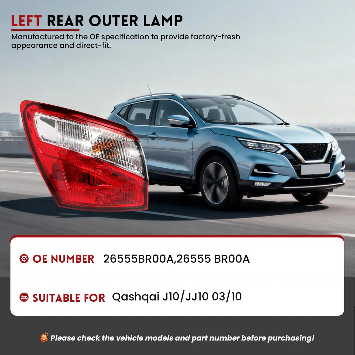 Fanale Posteriore Compatibile con Nissan Qashqai. Luce Freno Posteriore se utilizzata per Qashqai 5 e 7 posti 2010-2014 26555BR00A ULT115003