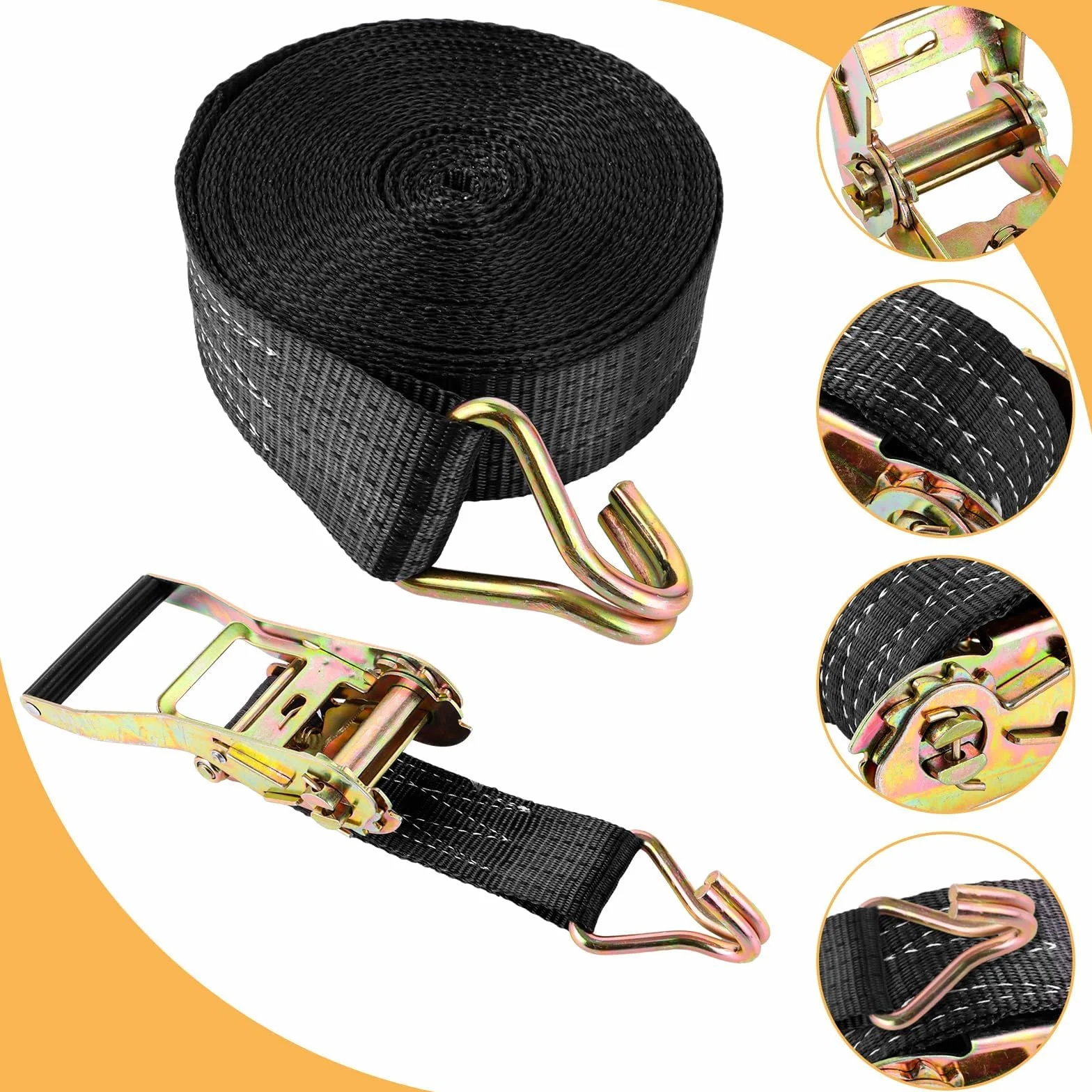 ASelected 2 Pezzi Cinghie a Cricchetto 5 cm x 10 m, Cinghia a Cricchetto in Poliestere Nera con Cricchetti e Nastro, Cinghie Fissaggio Carico per Trasporto, Rimorchio e Moto