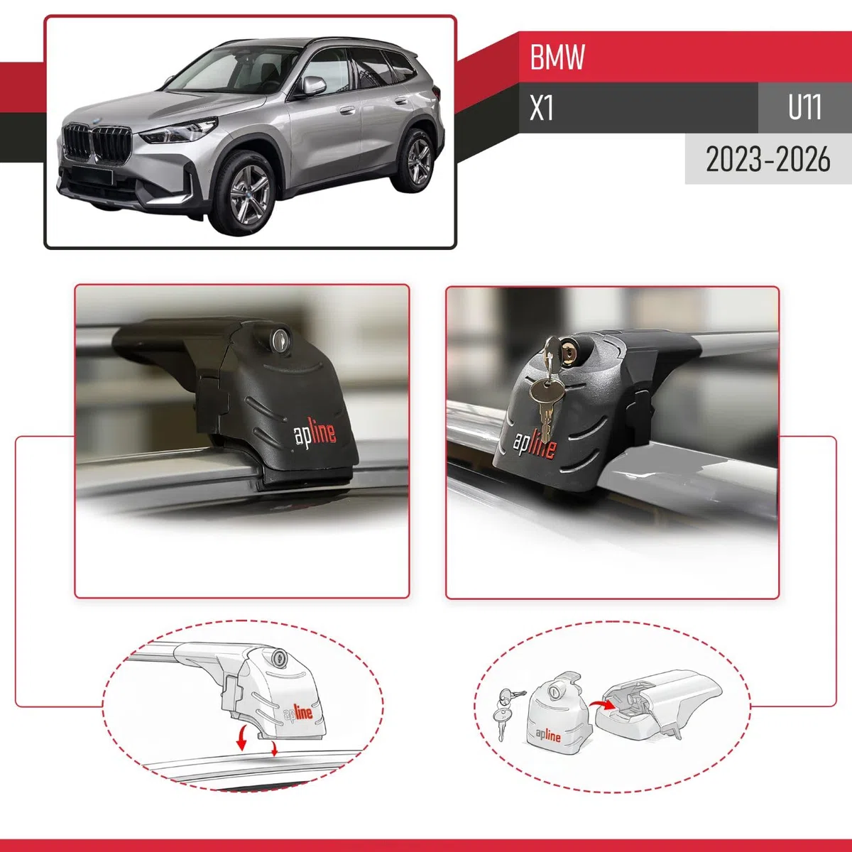 Compatibile con BMW X1 (U11) 2023-2026 Modello ACE-2 Barre Tetto Portapacchi Auto Barre Portatutto Grigio Alluminio 2 Barre