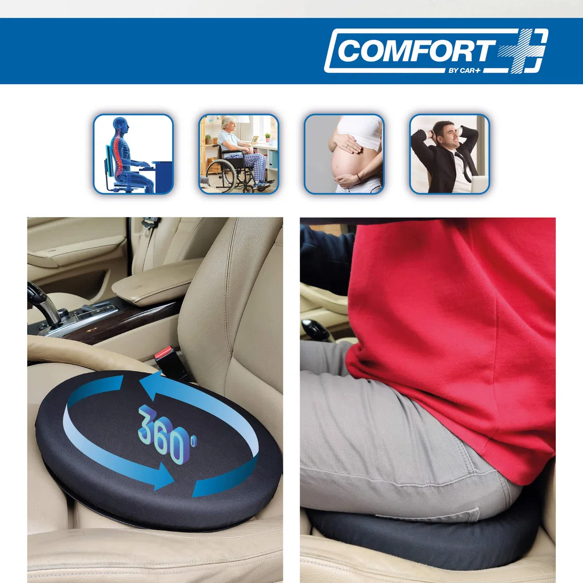 S SUMEX RK19009 - Cuscino rotondo girevole a 360 gradi, con gel e memory foam per auto, ufficio e tutti i tipi di sedili,