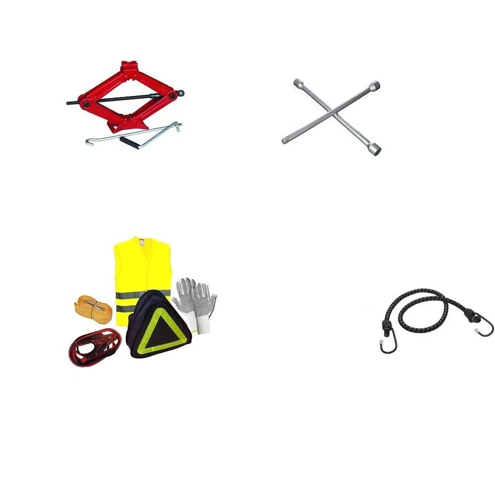 KIT COMPLETO ASSISTENZA SOCCORSO AUTO KIT PER AUTO EMERGENZA STRADALE CRIC+GUANTI+CAVI BATTERIA+CORDA TRAINO+GIUBBOTTO FLUO+CHIAVE A CROCE PRODOTTI SOS PER TUTTI I VEICOLI