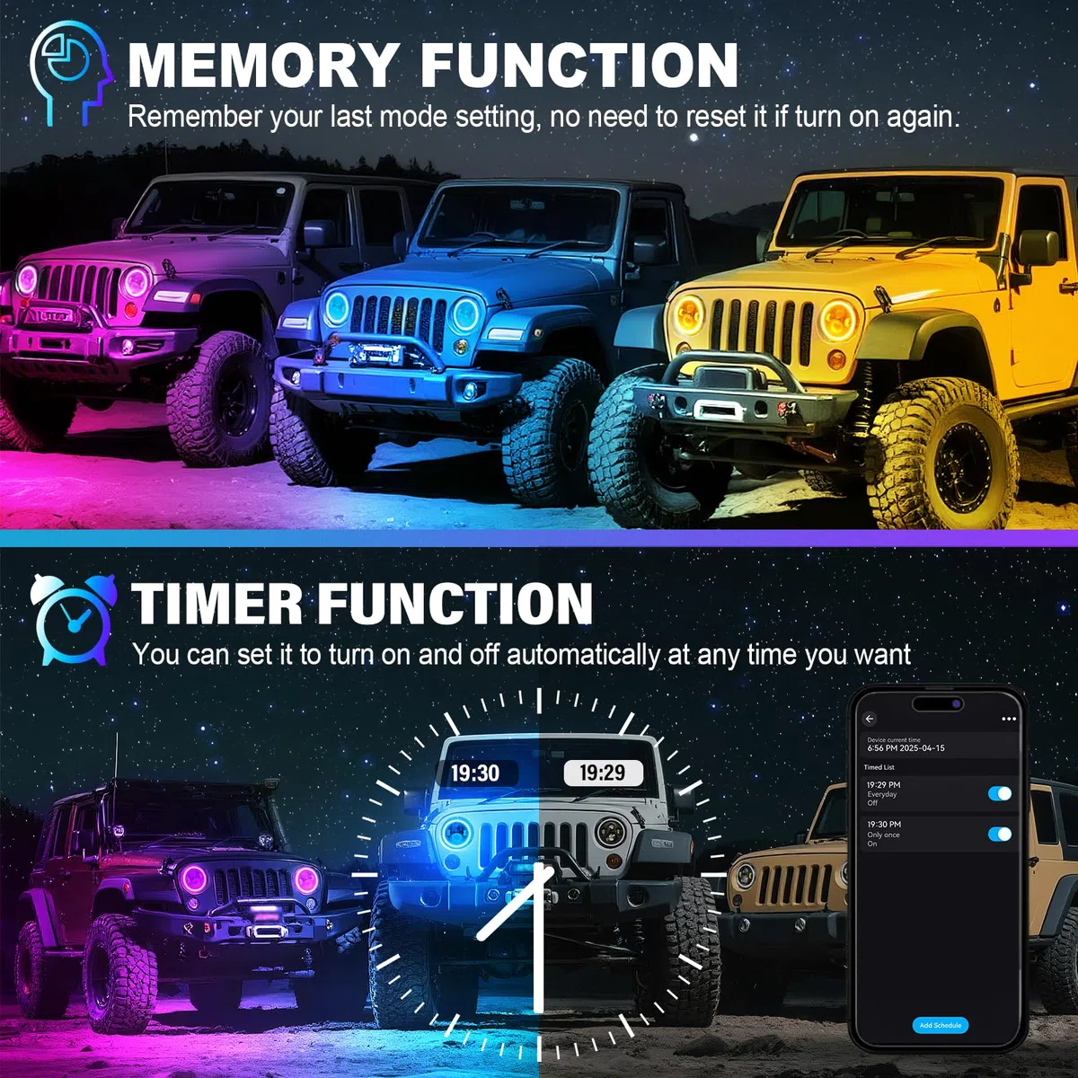 SKYWORLD 7 Pollici Rotonda Fari Led auto moto, 50W 5000LM Faro a LED Bianco RGB 4 modalità di Illuminazione Off Road Lights Fire Cross Hi/Lo Fascio Fari anteriori per Wrangler JK TJ LJ CJ Hummer