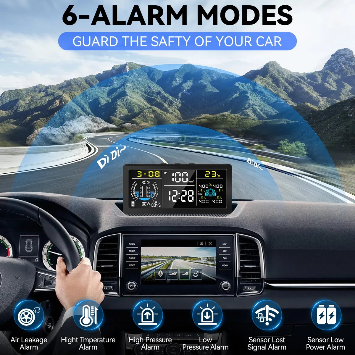 Sistema di Monitoraggio della Pressione dei Pneumatici 0-199 Psi | Monitor Wireless A Energia Solare Con Indicazione Di Pendenza/Velocità/Altitudine/Ora, 4 Sensori, 6 Modalità Di Allarme