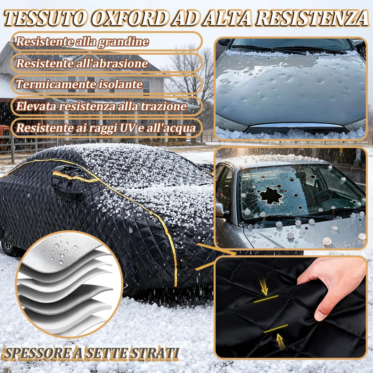 Copriauto Antigrandine per Fiat Grande Panda (2024-2026) 7 Strati Ispessiti, Tessuto Oxford, Fodera Morbida, Traspirante, Antivento, Impermeabile, Antigraffio, Anti-UV, 4 Stagioni