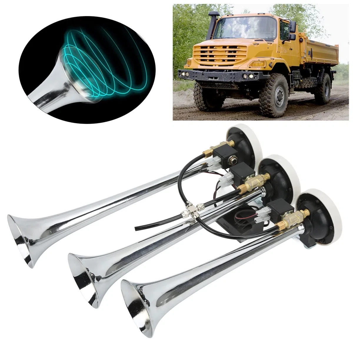 Tromba Ad Aria Compressa a 3 Trombe in Lega di Alluminio Aramox, 6 Melodie Cromate 305/342/385x79mm DC12V/24V, Adatta per Auto Club, Camion, Yacht