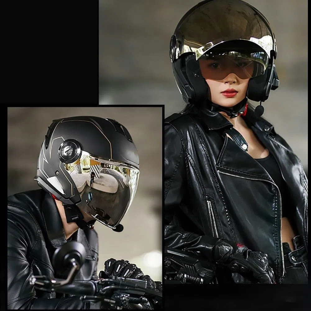 Casco Jet da Moto con Bluetooth Integrato e omologazione ECE/DOT, Casco Jet da Scooter Personalizzato per Donne, Uomini e Adulti con Doppia Visiera F,L=56-57cm