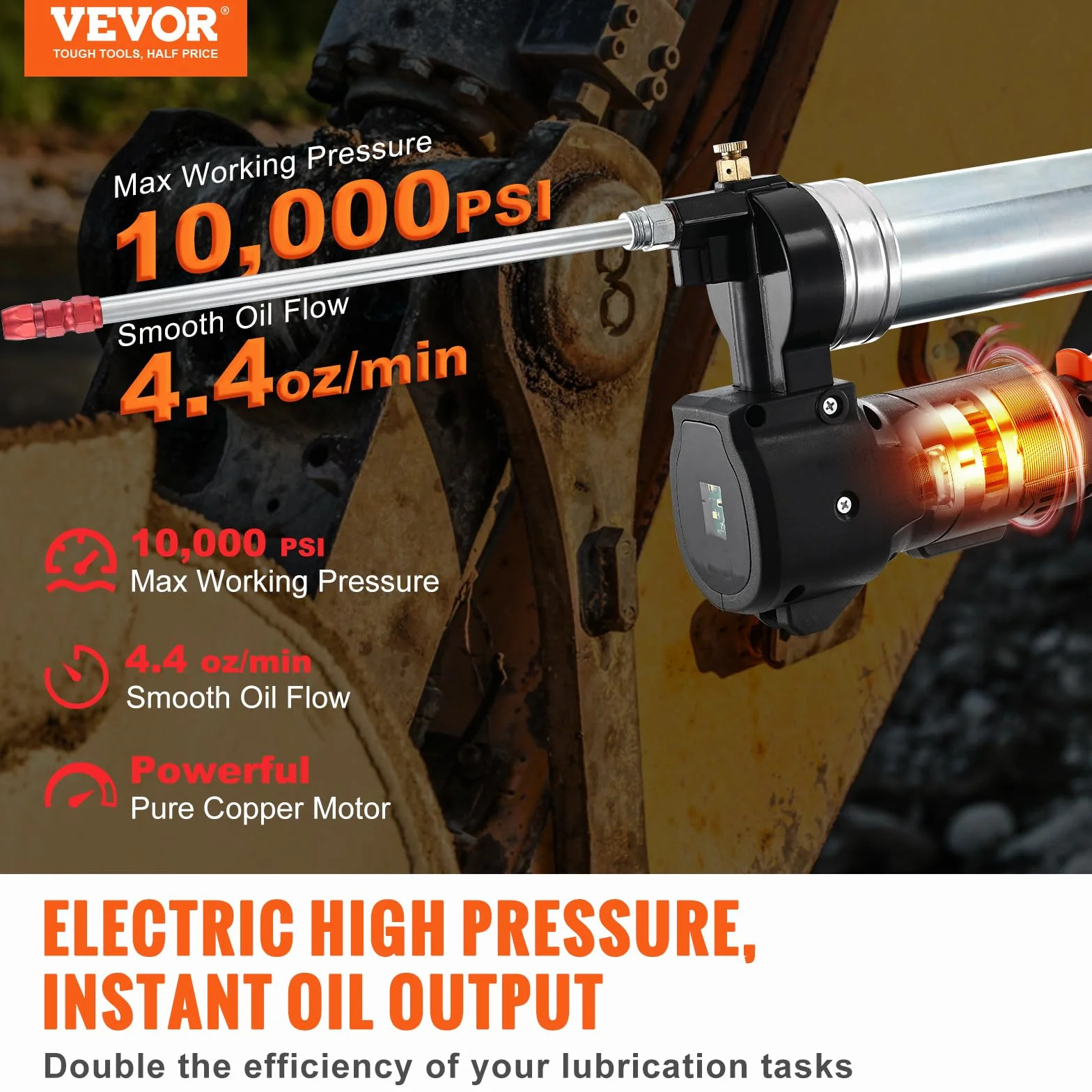 VEVOR Pistola Grasso a Batteria 20V Pressione Max. 10000 PSI, Kit di Ingrassatore Pistola per Grasso Elettrica Alimentata a Batteria ad Alta Pressione con Valigetta Portatile, Kit di Pistola Grasso