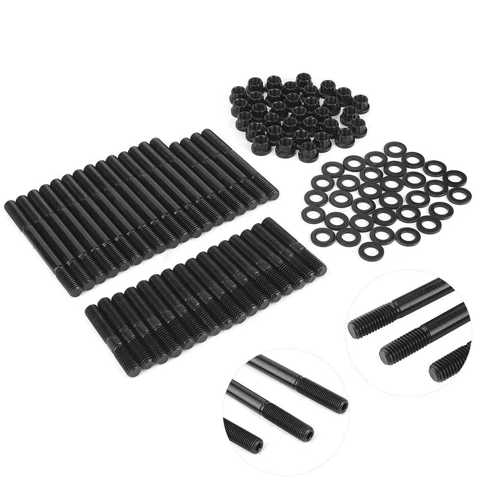 Kit di prigionieri per testata in acciaio al cromo-molibdeno per motori serie SBC. Elementi di fissaggio per testata in acciaio al cromo-molibdeno 8740 ad alta resistenza.