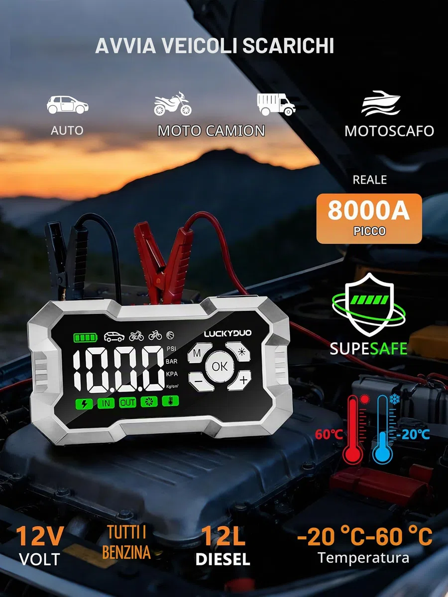 LUCKYDUO Avviatore 8000A con Compressore 160PSI, 20000mAh | Avviatore 2-in-1 con compressore 160PSI, 8000A, 4 modalità, display LCD, 20000mAh, torcia LED 4 modalità, kit completo