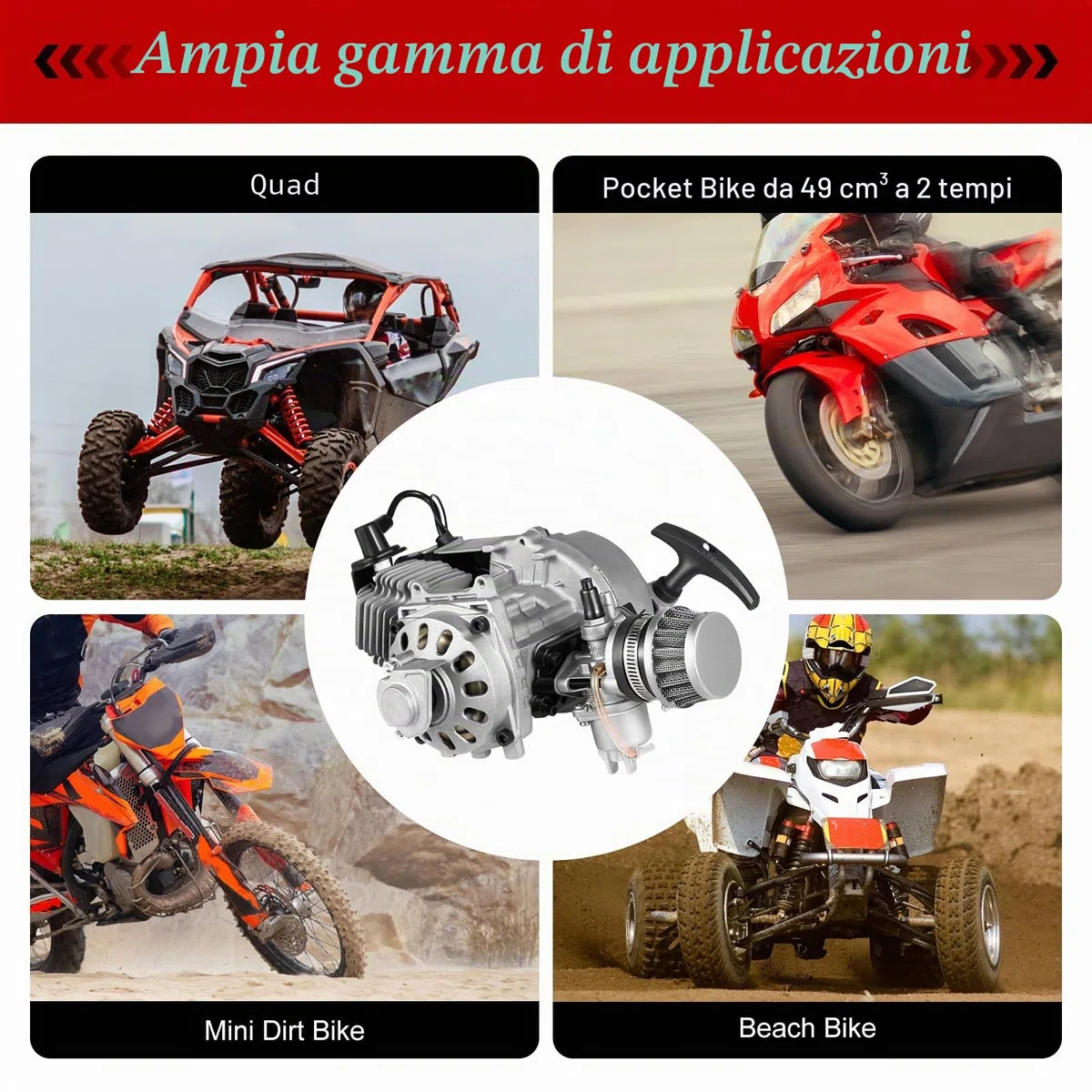 Pullstart Engine Motor Kit 49cc 2 Tempi Motore con Catena 25H 136L Serbatoio Carburante per Mini Dirt Bike, Pocket ATV, Scooter