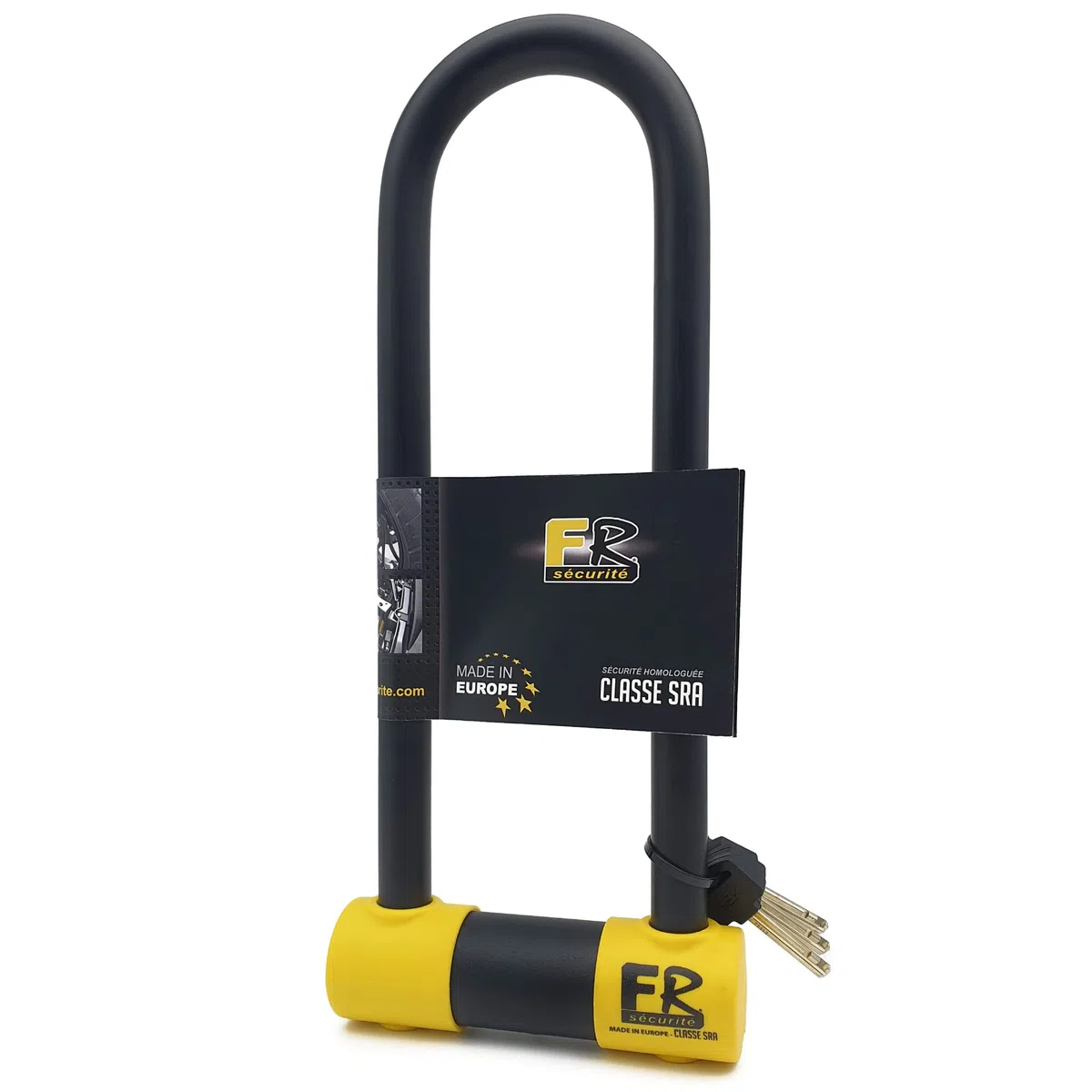 FR SECURITE FR85300 Lucchetto a U Alta Sicurezza Omologato SRA, Arco ø18 Acciaio Temperato Doppio Blocco Antigraffio, Serratura Antistrappo, U-lock Antifurto 85x300mm per Moto, Scooter, Bici