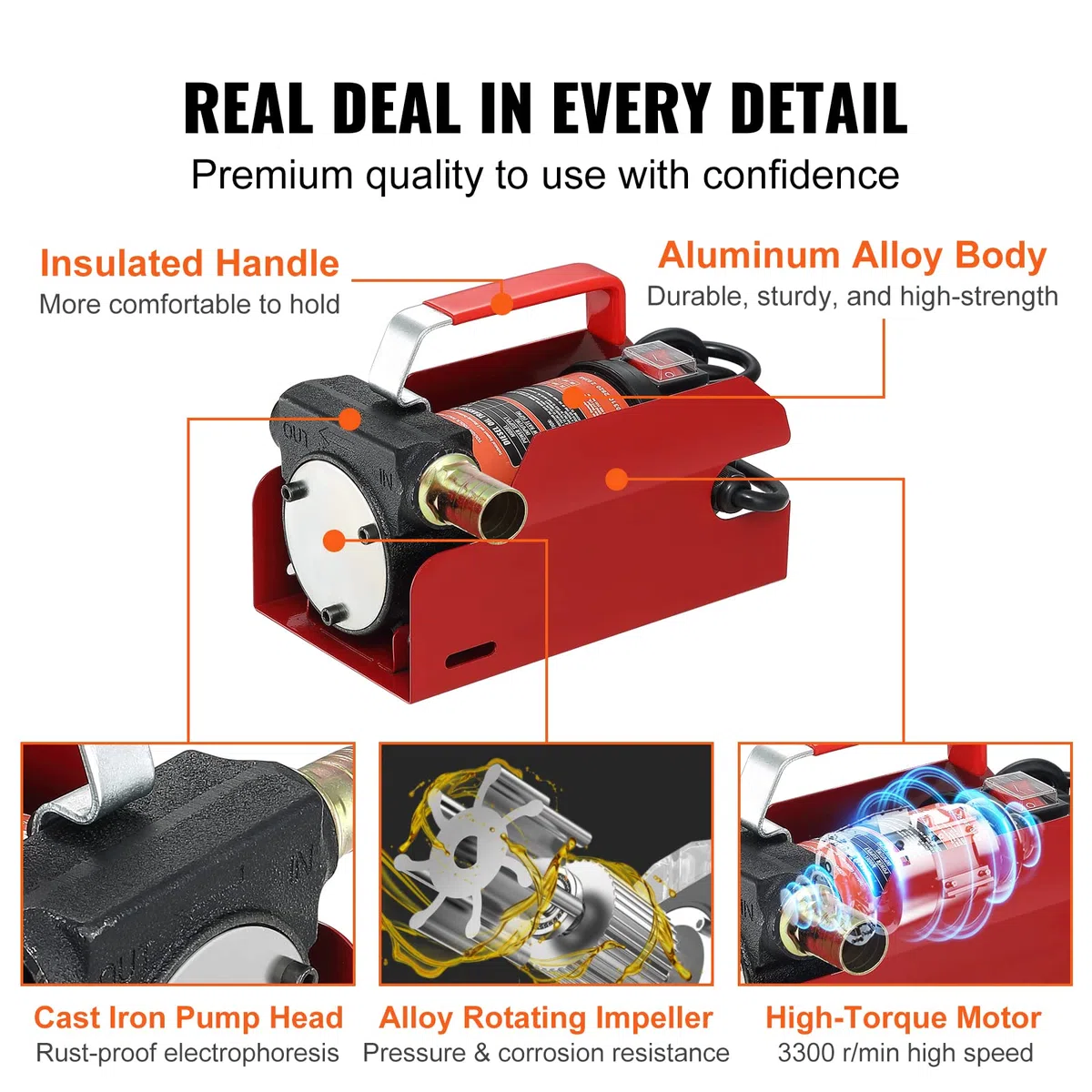 VEVOR Pompa Travaso per Diesel CC12V Portata 37,8L/min Portatile per Trasferimento Carburante nell'Officina, Pompa per Trasferimento del Diesel Cherosene Prevalenza Max. 8m in Lega di Alluminio Ghisa