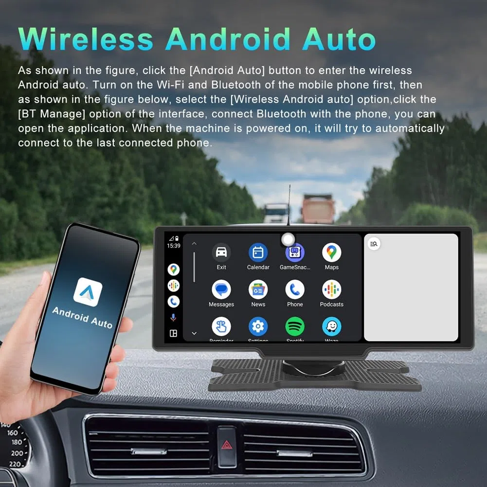 Monitor per Auto da 10,26 Pollici con Schermo HD Wireless CarPlay Android Auto Trasmettitore FM Bluetooth Lettore Video