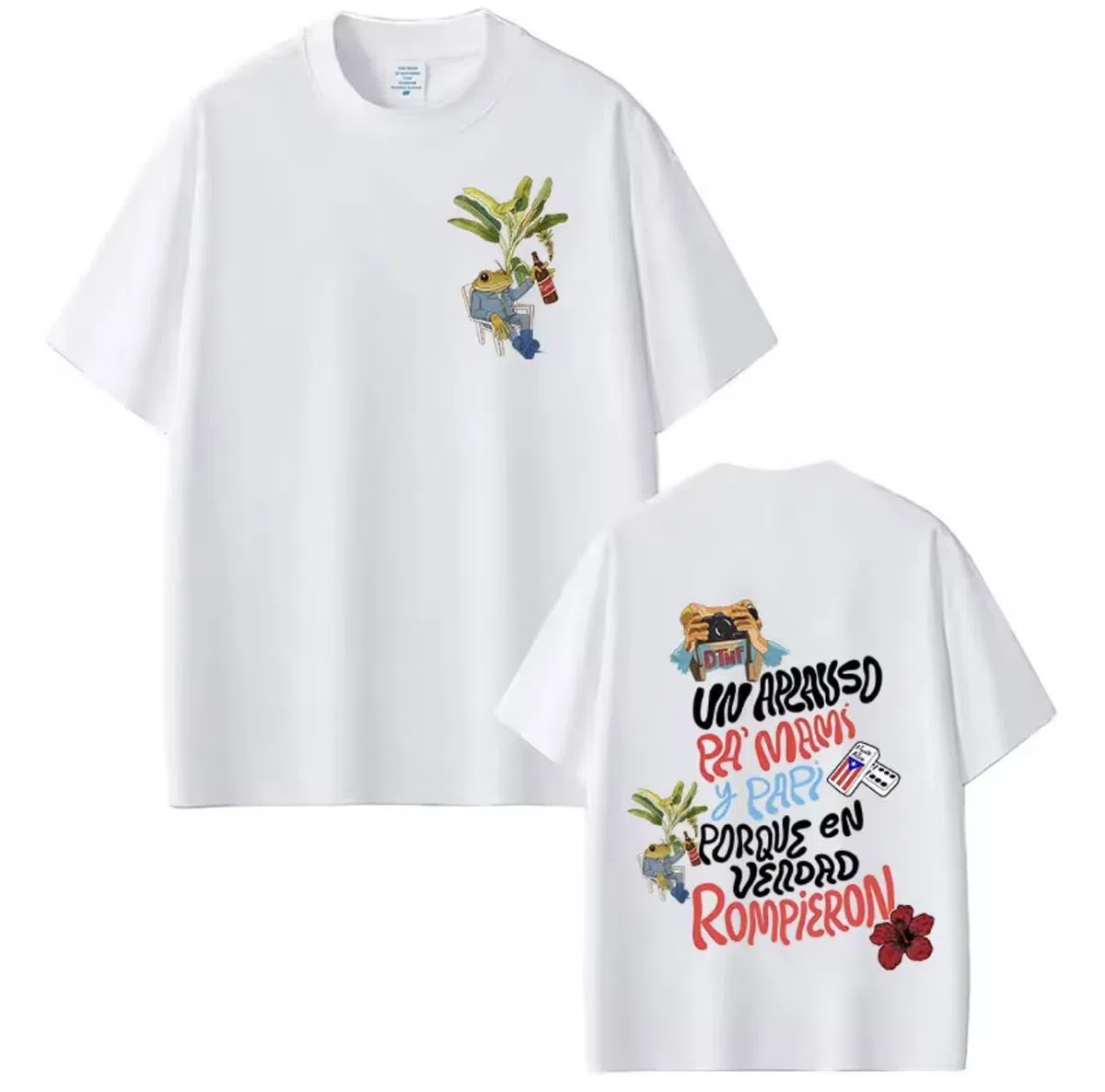 Bad Bunny DMTF - Maglietta unisex con stampa di rana tropicale, motivo "Un applauso pa" Mamá y Papi, bianco e nero, maniche corte
