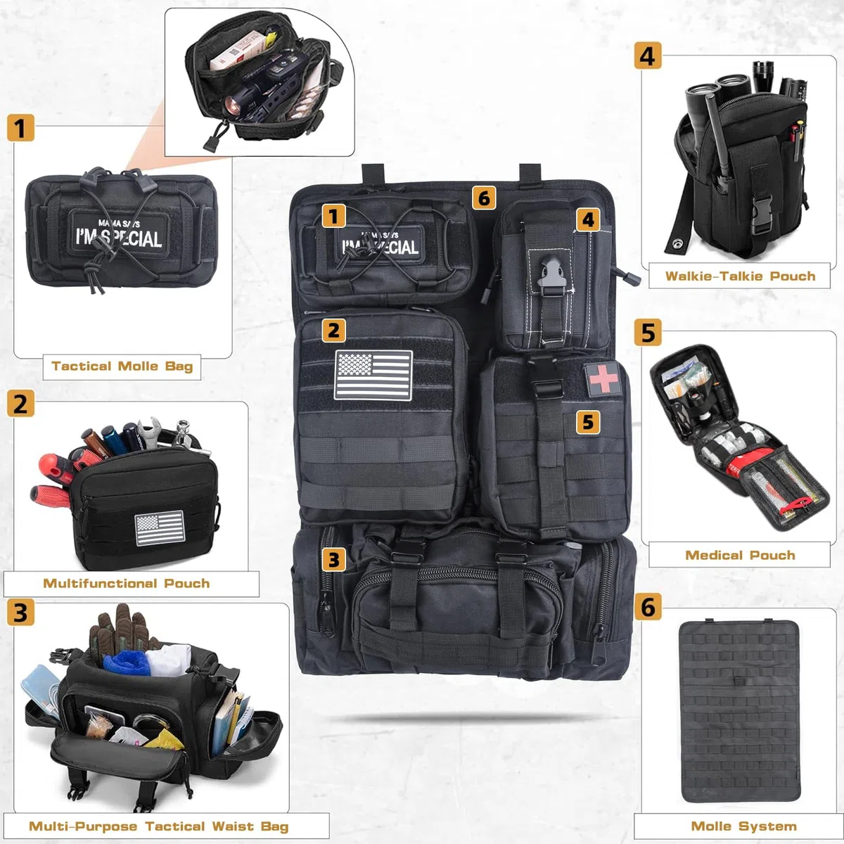 Organizer tattico per sedile posteriore, universale, con 5 tasche Molle multifunzione rimovibili, adatto per tutte le auto Jeep e camion, accessori da esterno per campeggio, viaggi su strada,