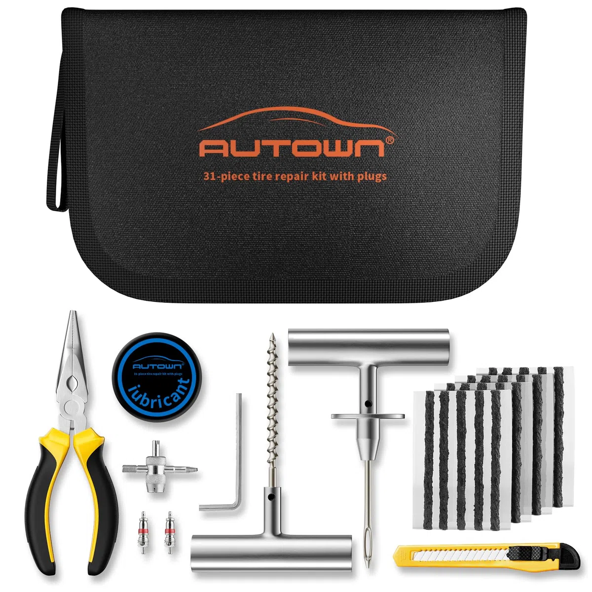 Autown Kit Universale per La Riparazione Pneumatici, Set da 31 Pezzi con Tappi per La Riparazione di Forature, Kit di Riparazione Pneumatici per Auto, Moto, ATV, Jeep, Camion E Trattori