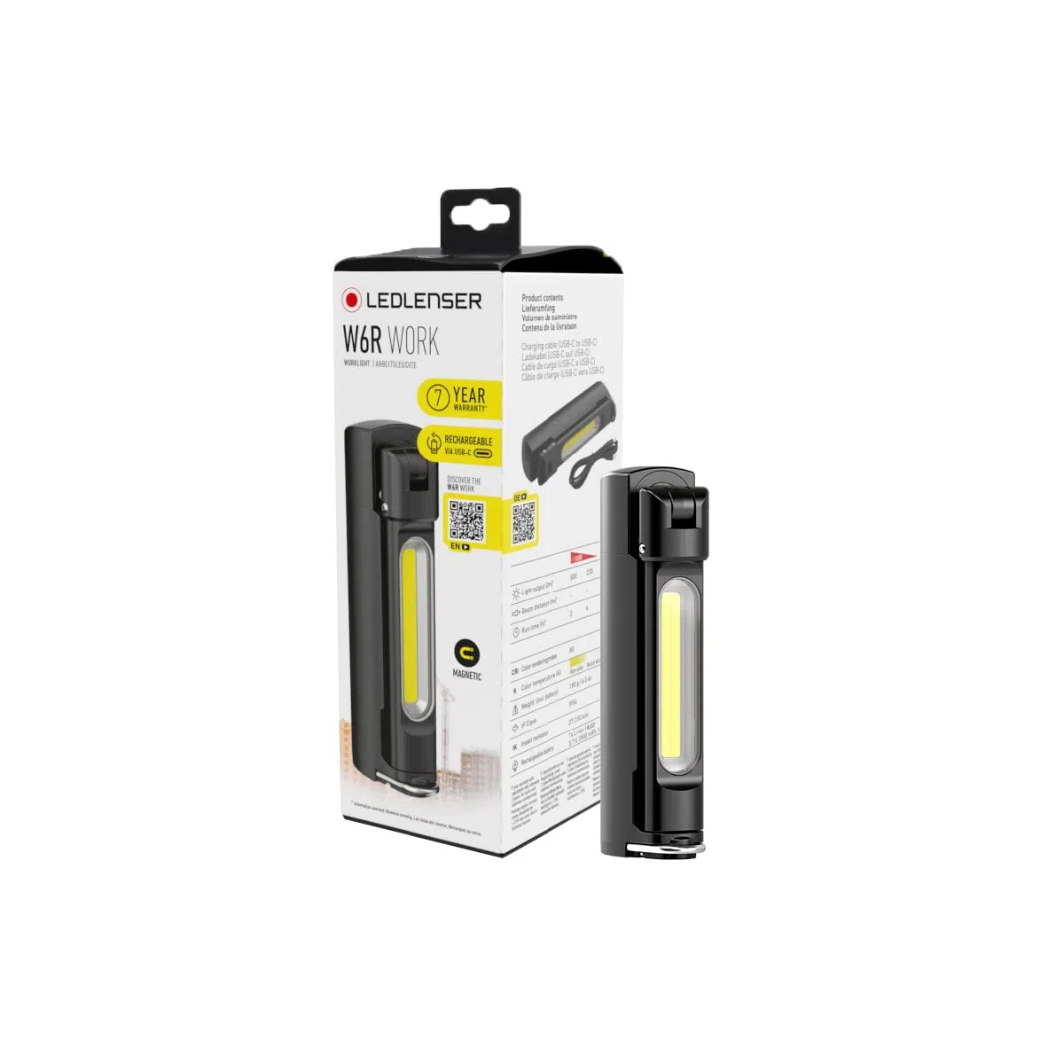 Ledlenser W6R Lavoro, pieghevole e girevole, luce LED portatile con magnete e gancio, torcia luminosa, 500 lumen, torcia da lavoro, strumenti manuali di ispezione, lampada a LED senza fili, torcia a