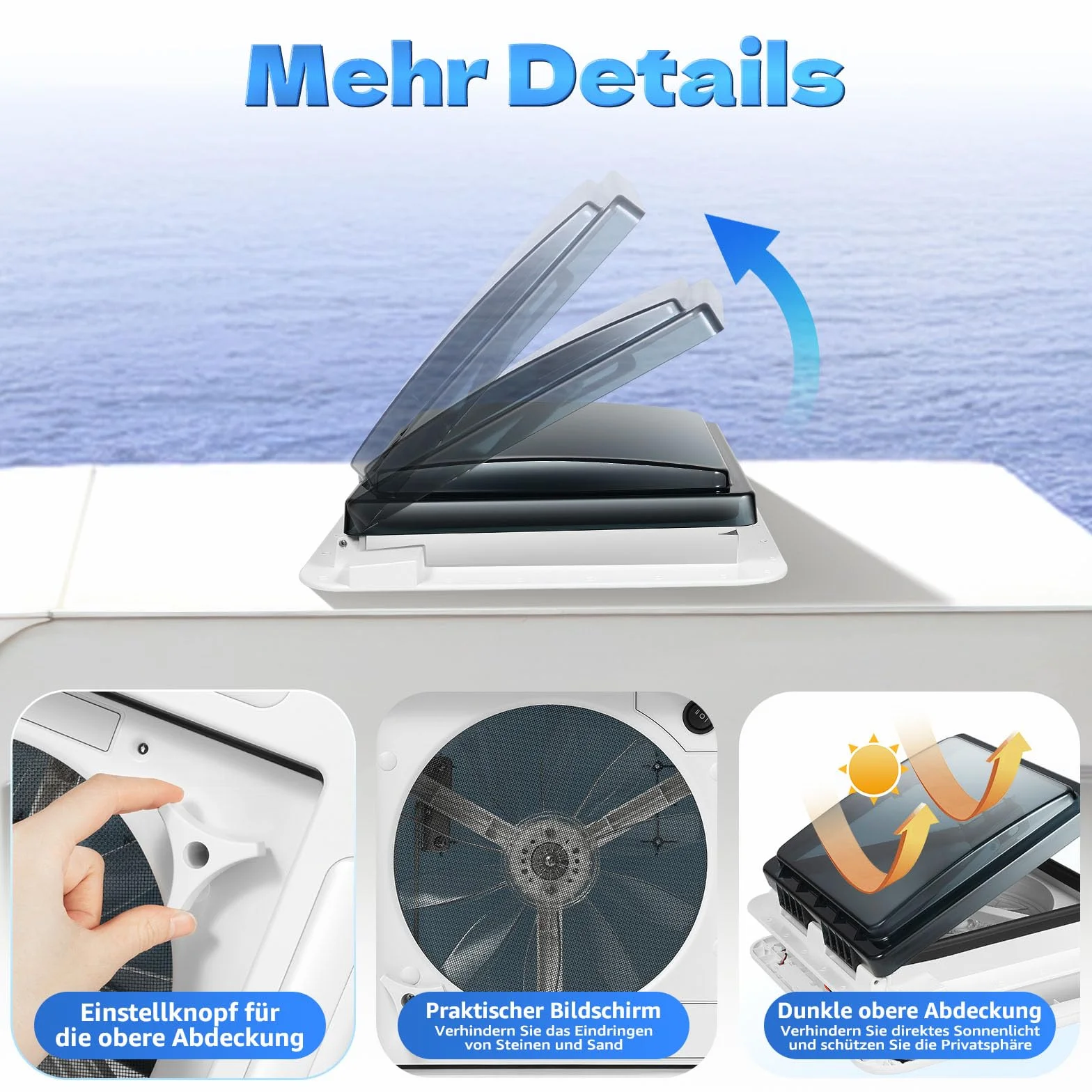 Camper lucernario, ventilazione insonorizzata con LED, 36 x 36 cm, ventilazione per camper, flusso d'aria 5 – 35 m³/min, IP68, impermeabile, per camper con dimensioni di apertura 11,02 x