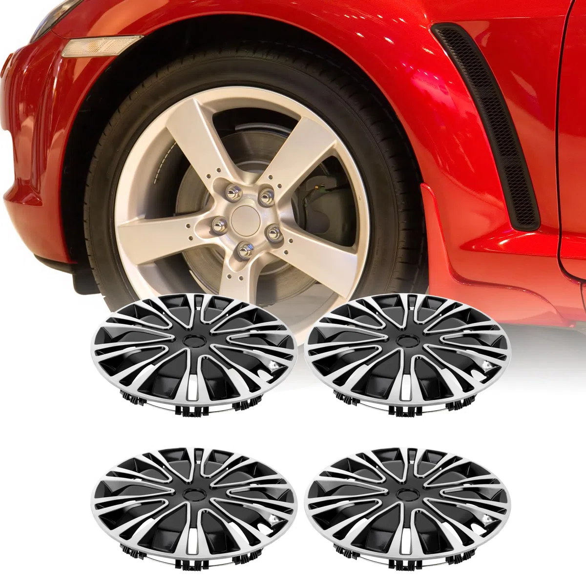 A ABSOPRO Copricerchi 15 Pollici Argento Nero 4 Pezzi Plastica Decorativo | Altezza 5 Cm. Adattamento Universale. Non Adatto Per Cerchi In Lega. Stile Elegante.
